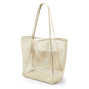 Breathable Mesh Beach Tote Shopper Shoulder Bag Zip Pockets Cream