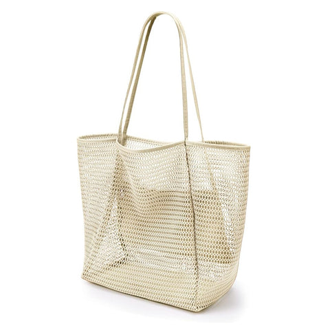 Breathable Mesh Beach Tote Shopper Shoulder Bag Zip Pockets Cream