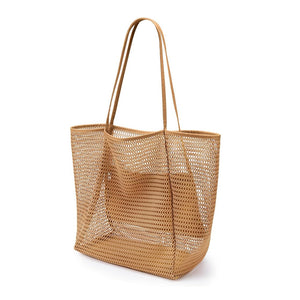 Breathable Mesh Beach Tote Shopper Shoulder Bag Zip Pockets Khaki