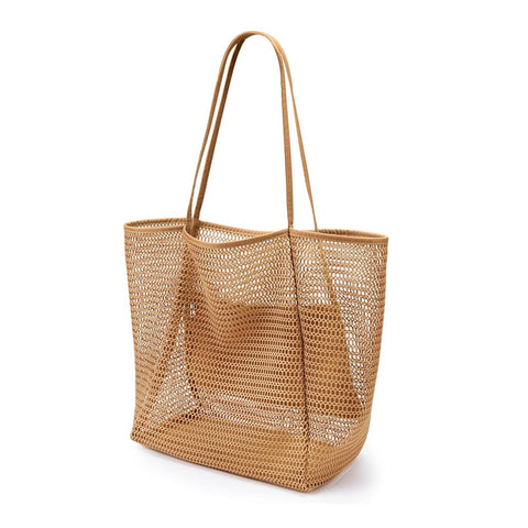 Breathable Mesh Beach Tote Shopper Shoulder Bag Zip Pockets Khaki