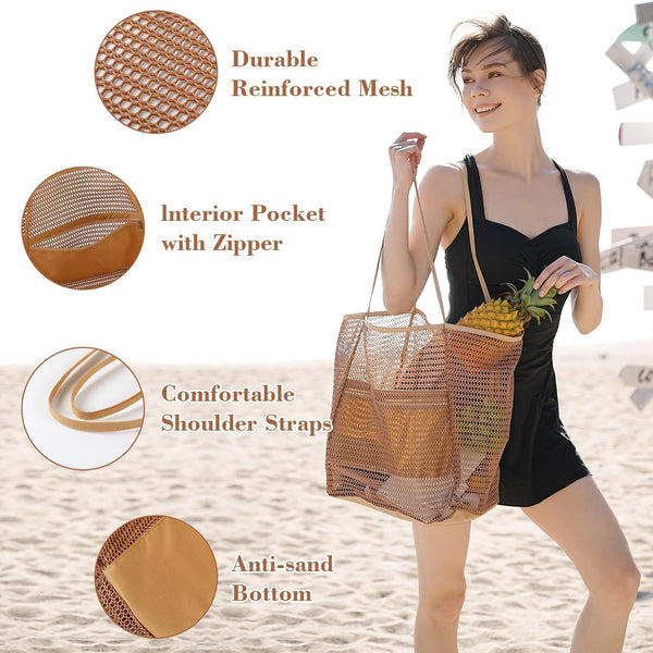 Breathable Mesh Beach Tote Shopper Shoulder Bag Zip Pockets Khaki