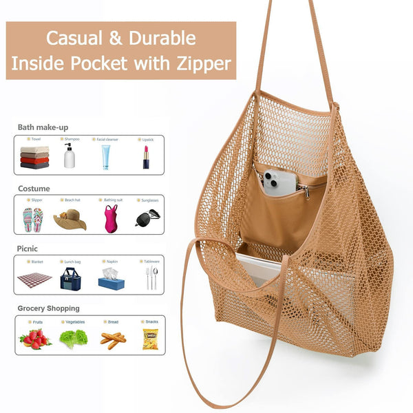 Breathable Mesh Beach Tote Shopper Shoulder Bag Zip Pockets Khaki