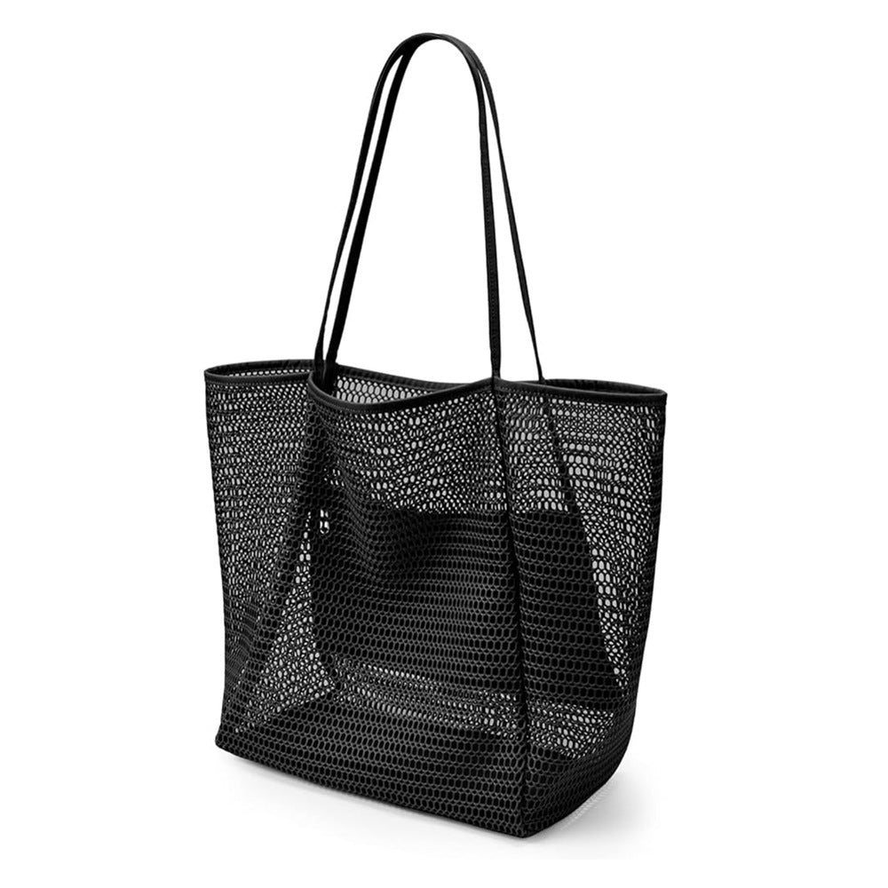 Breathable Mesh Beach Tote Shopper Shoulder Bag Zip Pockets Black