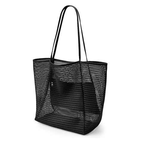 Breathable Mesh Beach Tote Shopper Shoulder Bag Zip Pockets Black