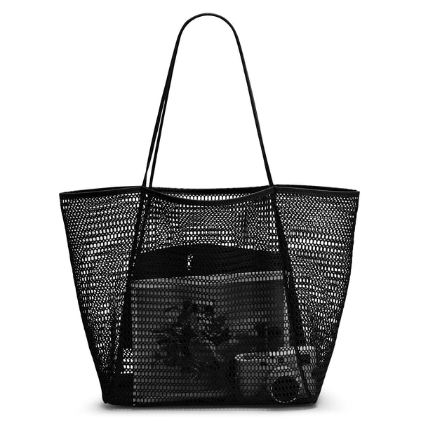 Breathable Mesh Beach Tote Shopper Shoulder Bag Zip Pockets Black