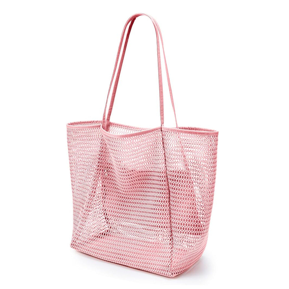2 x Breathable Mesh Beach Tote Shopper Shoulder Bag Zip Pockets Pink