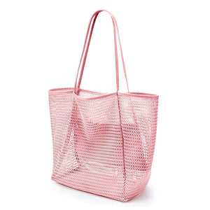 2 x Breathable Mesh Beach Tote Shopper Shoulder Bag Zip Pockets Pink