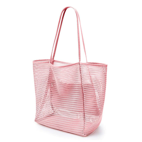 2 x Breathable Mesh Beach Tote Shopper Shoulder Bag Zip Pockets Pink