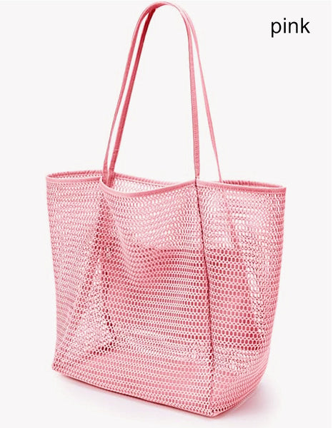 2 x Breathable Mesh Beach Tote Shopper Shoulder Bag Zip Pockets Pink