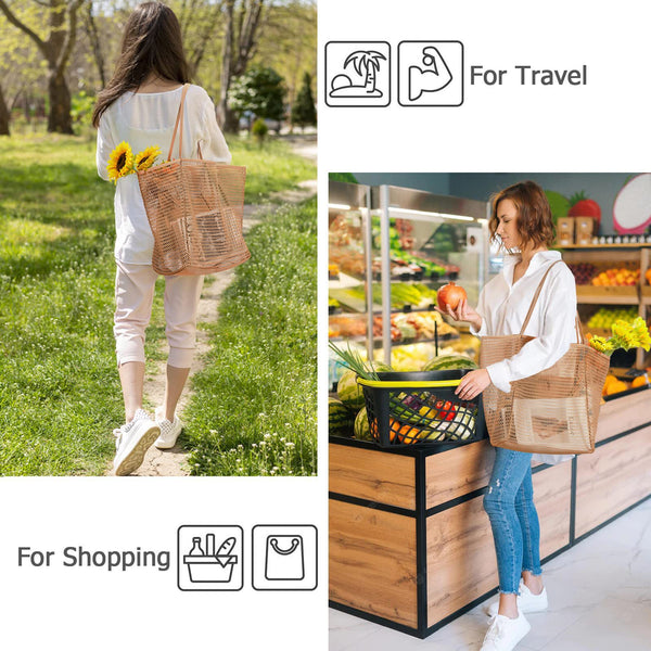 2 x Breathable Mesh Beach Tote Shopper Shoulder Bag Zip Pockets Pink