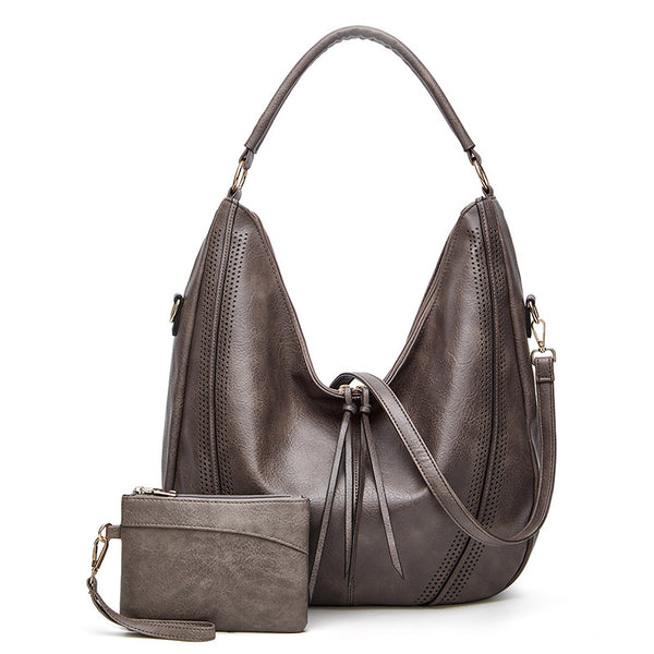 PU Faux Leather Hobo Bag Large Shoulder Tote Coin Purse Grey