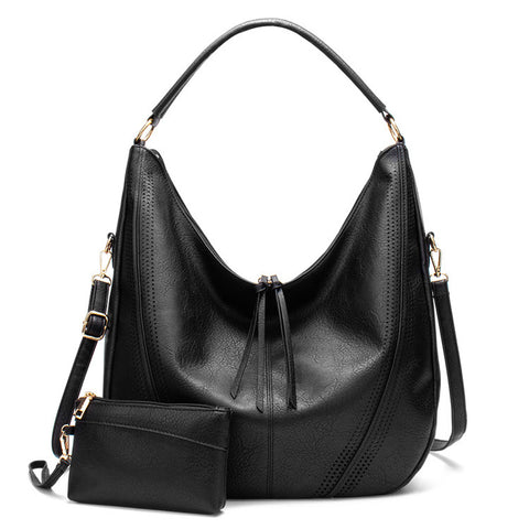 PU Faux Leather Hobo Bag Large Shoulder Tote Coin Purse Black