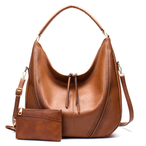 PU Faux Leather Hobo Bag Large Shoulder Tote Coin Purse Brown