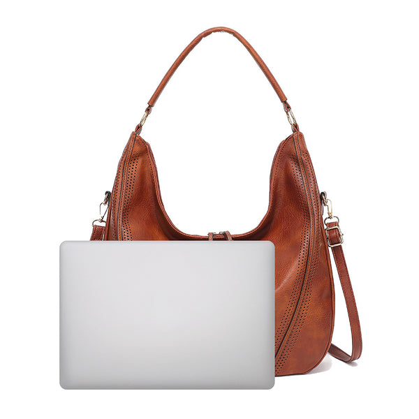 PU Faux Leather Hobo Bag Large Shoulder Tote Coin Purse Brown