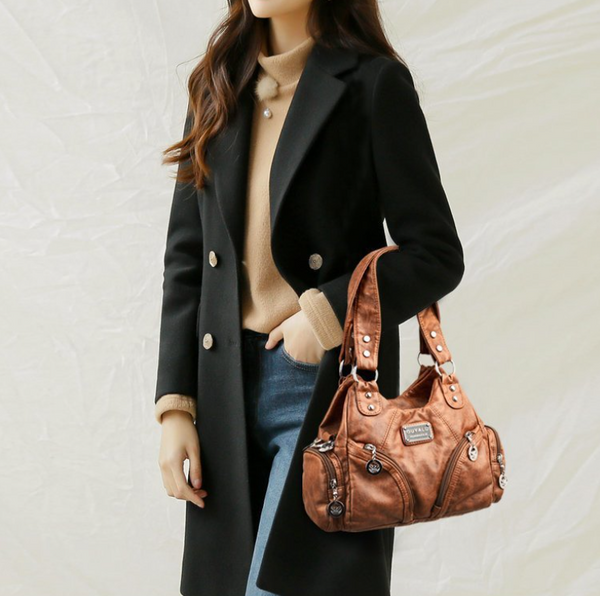 Vintage Look PU Leather Biker Shoulder Crossbody Bag Handbag Brown