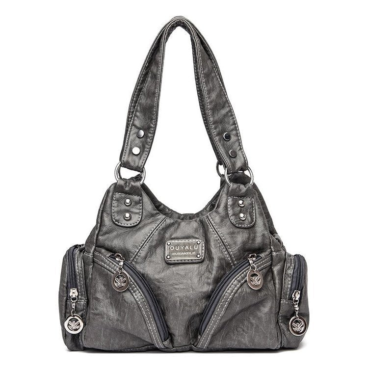 Vintage Look PU Leather Biker Shoulder Crossbody Bag Handbag Grey