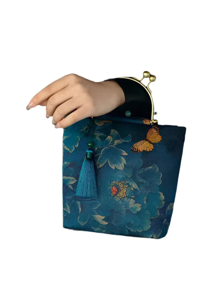 Chinese Style Embroidered Crossbody Bucket Bag Handbag Metal Handle Chain Blue