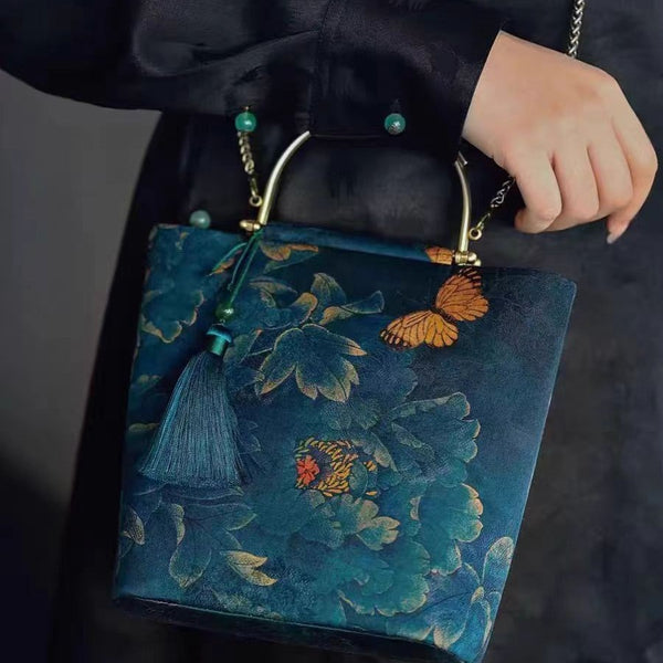 Chinese Style Embroidered Crossbody Bucket Bag Handbag Metal Handle Chain Blue