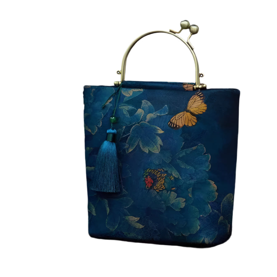 Chinese Style Embroidered Crossbody Bucket Bag Handbag Metal Handle Chain Blue