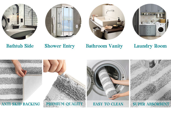 Non Slip Absorbent Bath Mat Rug 90 x 60cm Grey Stripe
