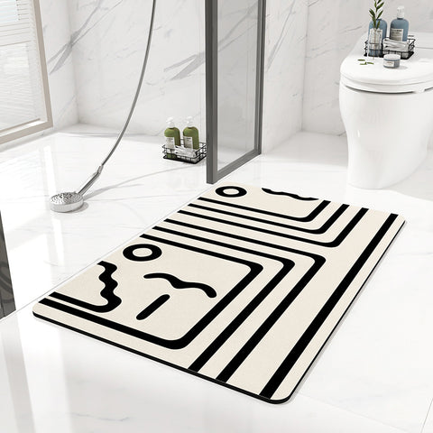 Geometric Lines Diatomite Absorbent Non Slip Bath Mat 70 x 45cm Black White