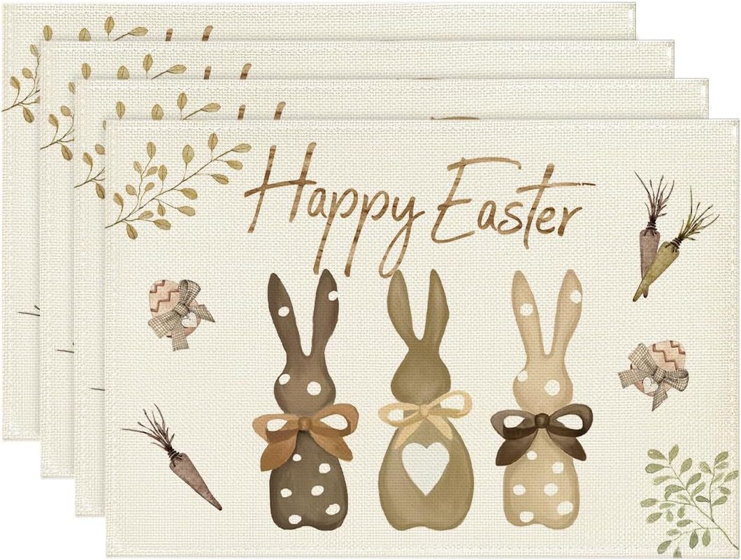 Set of 4 Cotton Linen Table Place Mats Placemats 45 x 30cm Happy Easter Bunnies