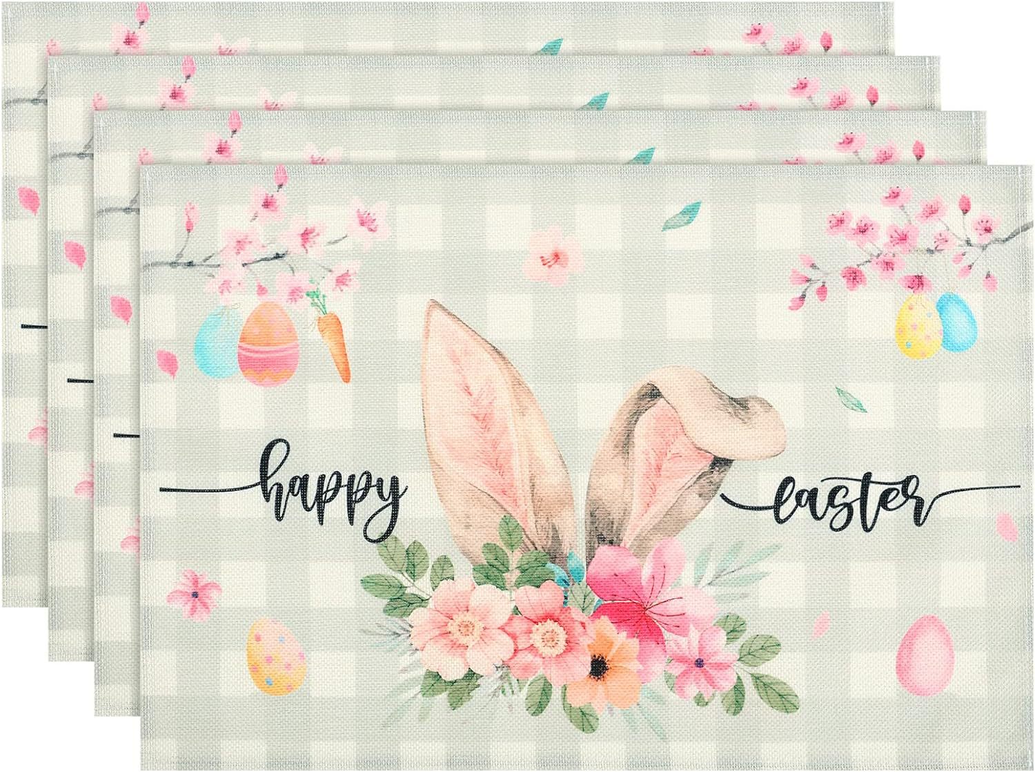 Set of 4 Cotton Linen Table Place Mats Placemats 45 x 30cm Happy Easter Rabbit