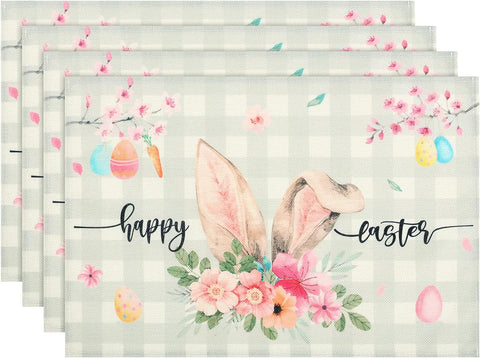 Set of 4 Cotton Linen Table Place Mats Placemats 45 x 30cm Happy Easter Rabbit