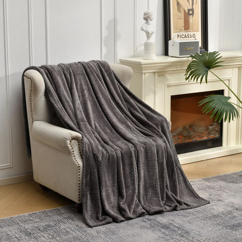 Soft Flannel Jacquard Weave Throw Blanket Rug 152 x 127cm Dark Grey