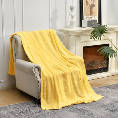 Soft Flannel Jacquard Weave Throw Blanket Rug 152 x 127cm Yellow