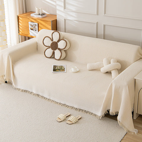 Woven Waffle Knit Polyester Sofa Throw Rug Blanket 180 x 180cm Off White