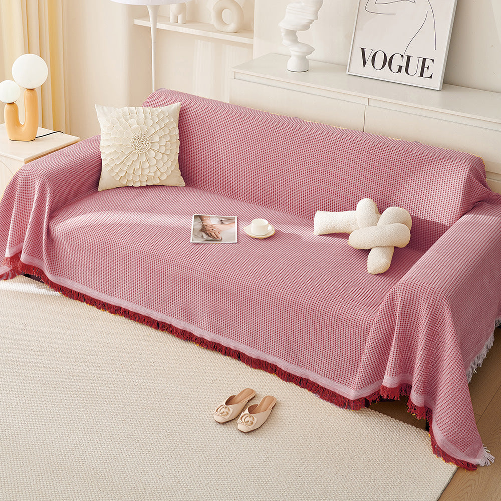 Woven Waffle Knit Polyester Sofa Throw Rug Blanket 180 x 180cm Pink
