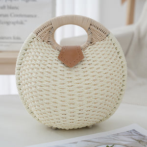 Handwoven Boho Circle Straw Clam Shell Handbag Round Handles White