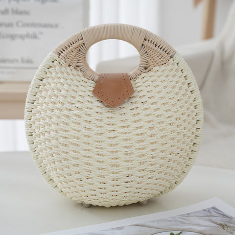 Handwoven Boho Circle Straw Clam Shell Handbag Round Handles White