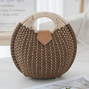 Handwoven Boho Circle Straw Clam Shell Handbag Round Handles Brown