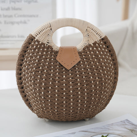 Handwoven Boho Circle Straw Clam Shell Handbag Round Handles Brown