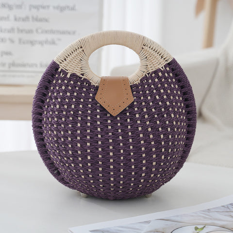 Handwoven Boho Circle Straw Clam Shell Handbag Round Handles Purple