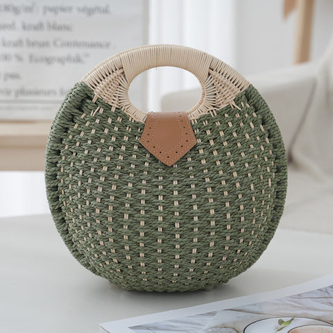 Handwoven Boho Circle Straw Clam Shell Handbag Round Handles Green