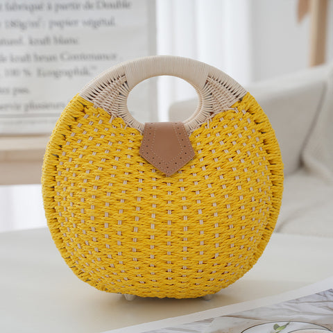 Handwoven Boho Circle Straw Clam Shell Handbag Round Handles Yellow