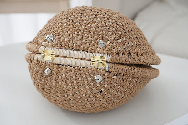 Handwoven Boho Circle Straw Clam Shell Handbag Round Handles Yellow