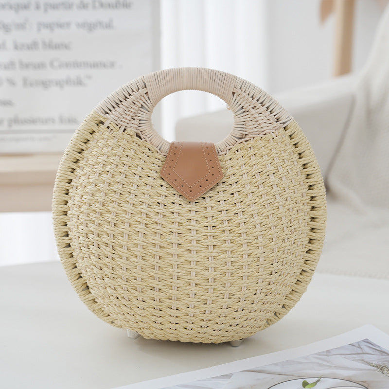 Handwoven Boho Circle Straw Clam Shell Handbag Round Handles Off White