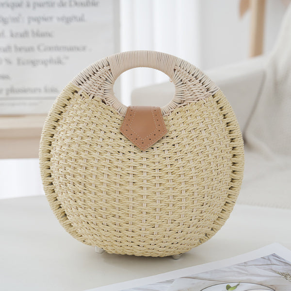 Handwoven Boho Circle Straw Clam Shell Handbag Round Handles Off White