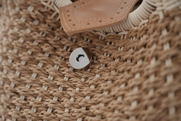 Handwoven Boho Circle Straw Clam Shell Handbag Round Handles Off White