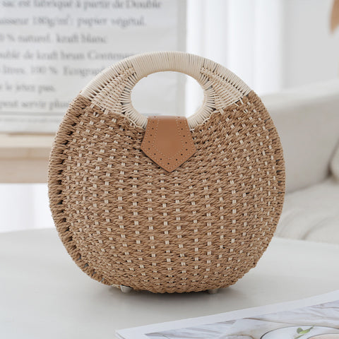 Handwoven Boho Circle Straw Clam Shell Handbag Round Handles Khaki