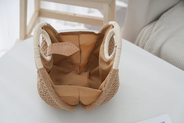 Handwoven Boho Circle Straw Clam Shell Handbag Round Handles Khaki