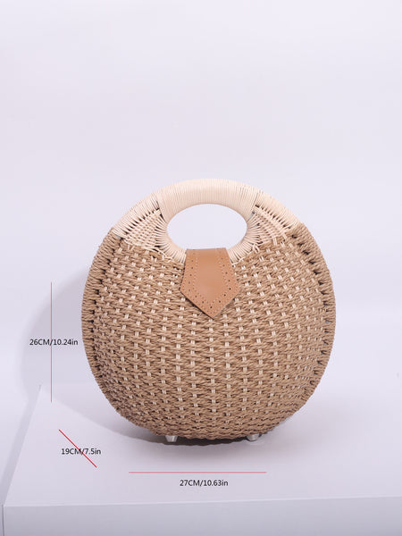 Handwoven Boho Circle Straw Clam Shell Handbag Round Handles Khaki