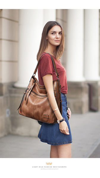 Spacious Stylish PU Leather Tote Shoulder Crossbody Bag Handbag Dark Red