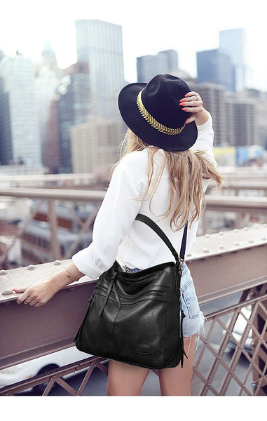 Spacious Stylish PU Leather Tote Shoulder Crossbody Bag Handbag Dark Red