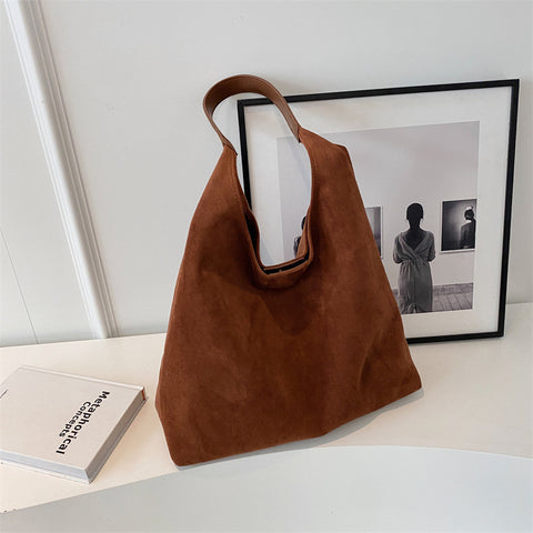 Womens Faux Suede Bucket Shoulder Underarm Bag Handbag Snap Closure Brown