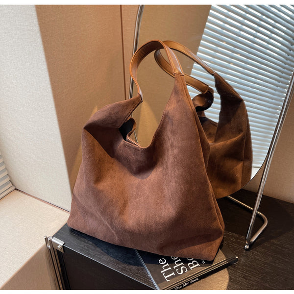Womens Faux Suede Bucket Shoulder Underarm Bag Handbag Snap Closure Brown